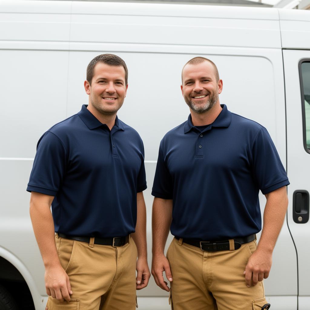Professional HVAC technicians in navy uniforms standing by service van, serving Muncie, IN