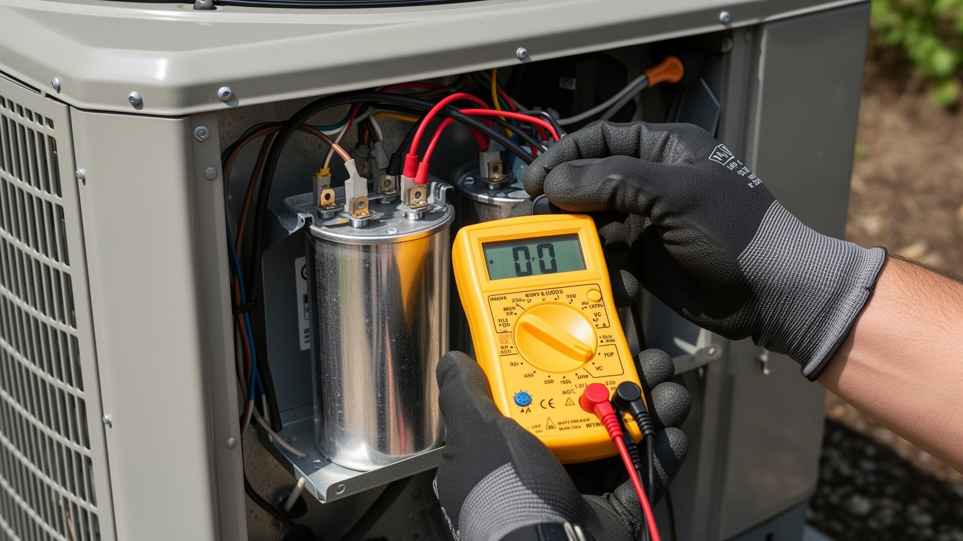 Gloved hands using a multimeter to test a dual run capacitor in an AC condenser cabinet in Muncie, IN