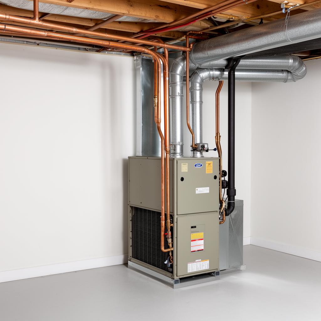 Indoor air handler unit with copper line set and evaporator coil in a Muncie, IN basement utility room