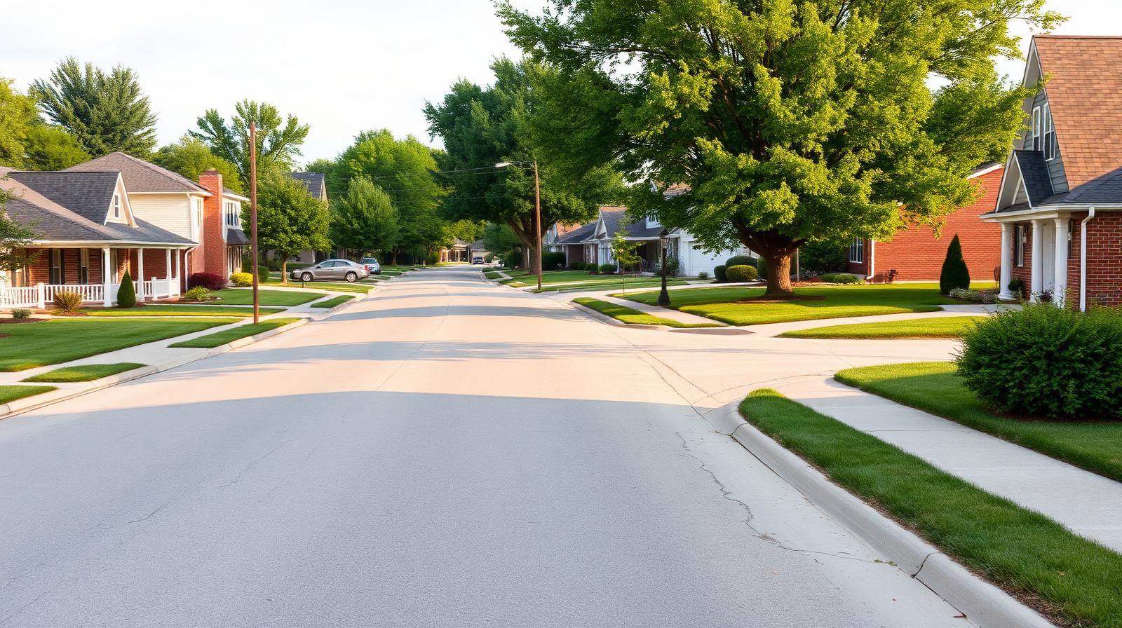 Suburban street in Chesterfield, IN with brick ranch and two-story homes, AC repair service area