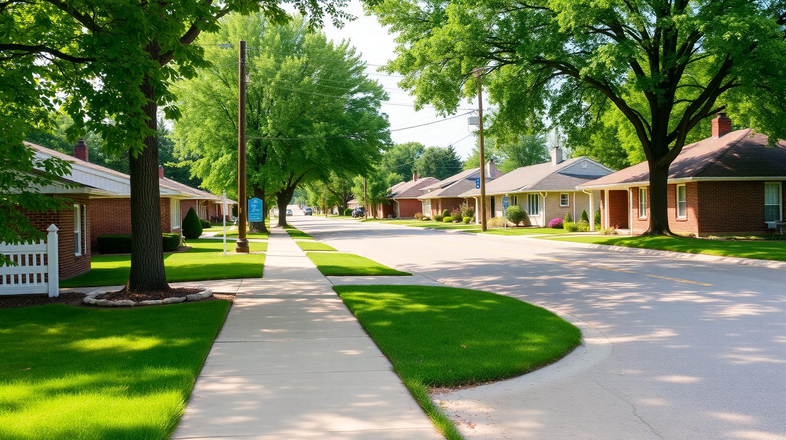 Quiet residential street in Daleville, IN with ranch homes and mature trees, AC repair service area