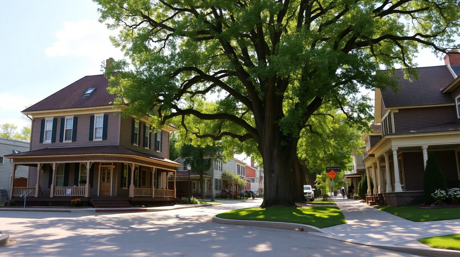 Historic two-story homes with wraparound porches and mature oak trees on a residential street in Eaton, IN