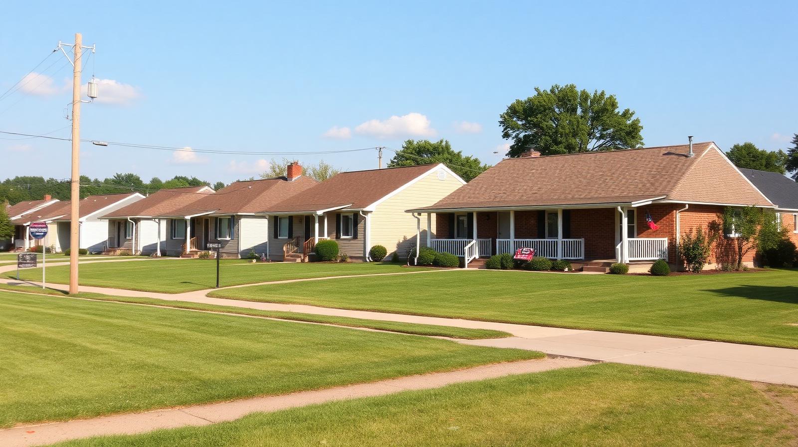 Modest 1960s ranch homes with wide front lawns on a quiet street in Gaston, IN, AC repair service area