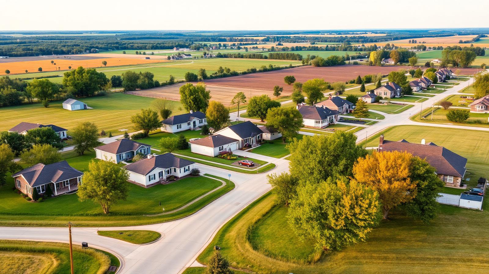 Rural-edge residential neighborhood in Selma, IN with modest ranch homes and farm fields beyond, AC repair service area