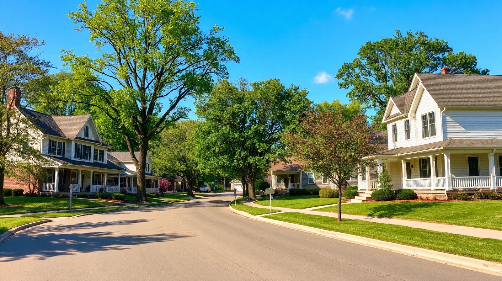 Residential street in Yorktown, IN with a mix of newer subdivisions and renovated farmhouses, AC repair service area