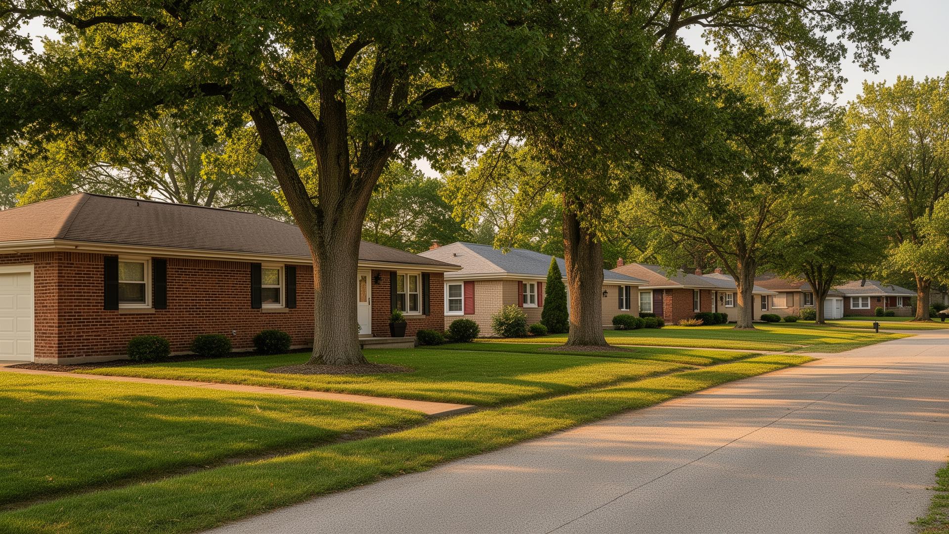 Suburban Indiana street with brick ranch homes in the Muncie, IN service area