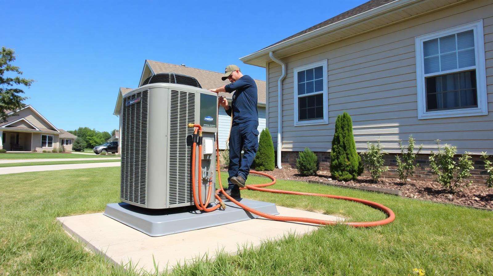 HVAC technicians installing a new central air conditioner condenser at a Muncie, IN residential home