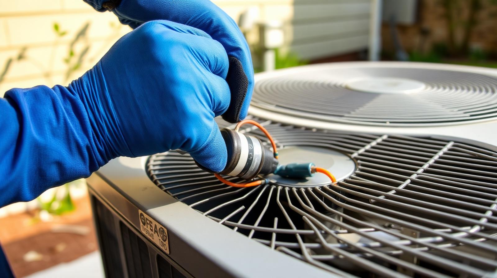 HVAC technician replacing a dual run capacitor in an outdoor AC condenser at a Muncie, IN home