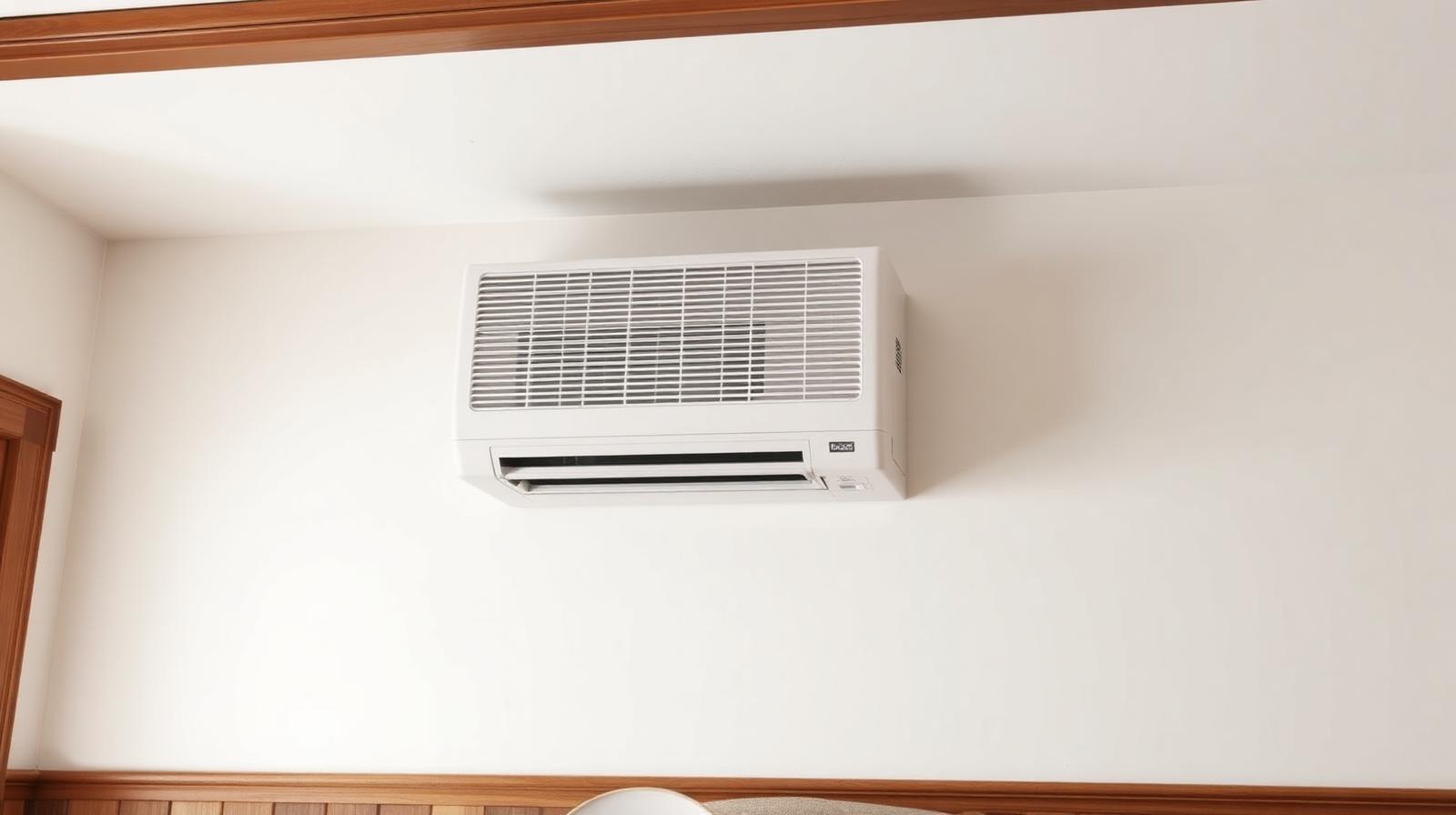 Wall-mounted white ductless mini-split air handler installed in a 1920s bungalow living room in Muncie, IN
