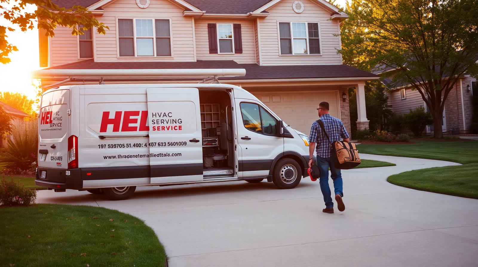 HVAC service van with technician carrying tool bag arriving at a Muncie, IN home for an emergency AC service call