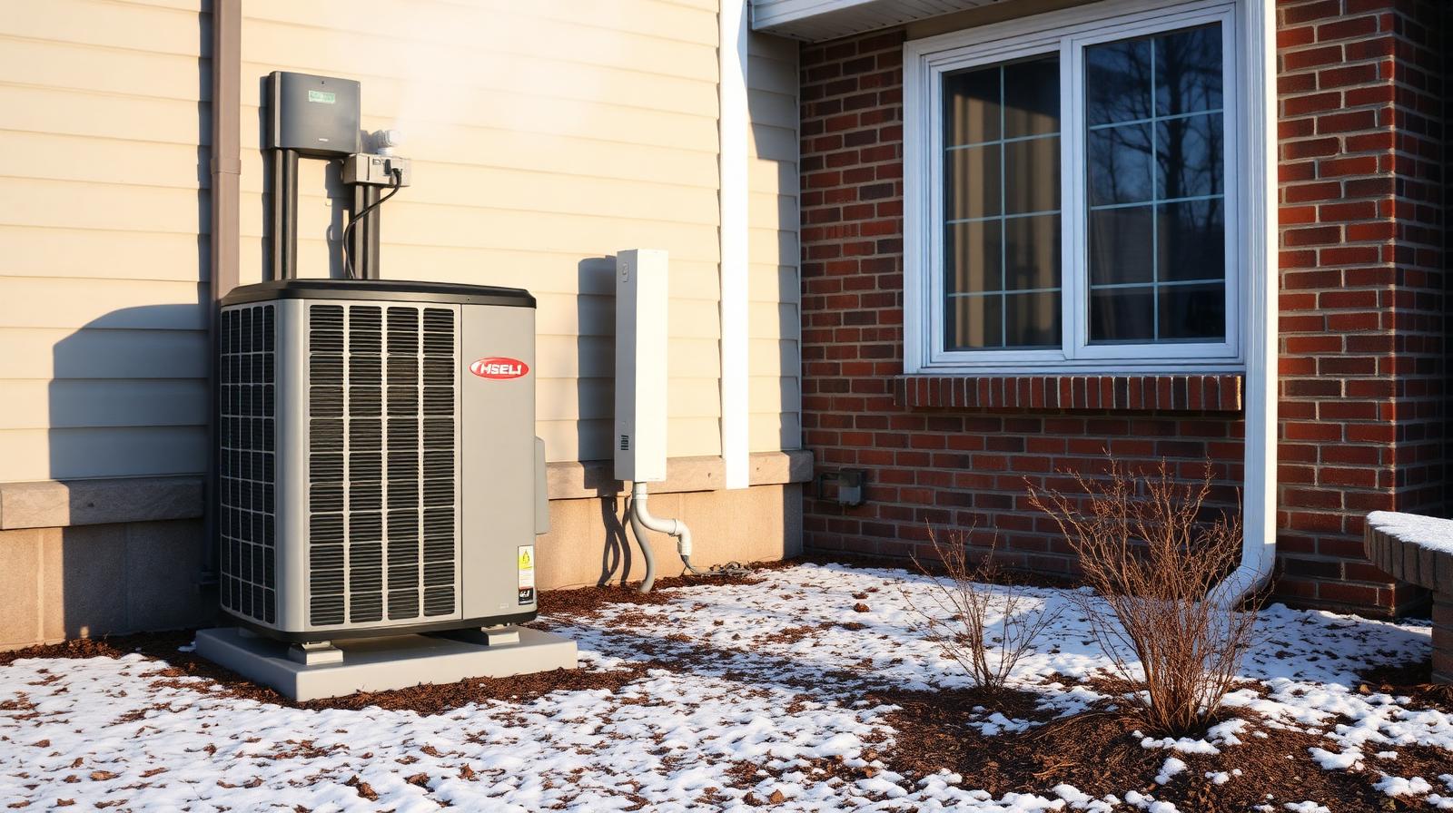 Cold-climate heat pump installed beside a brick residential home in winter snow, Muncie, IN