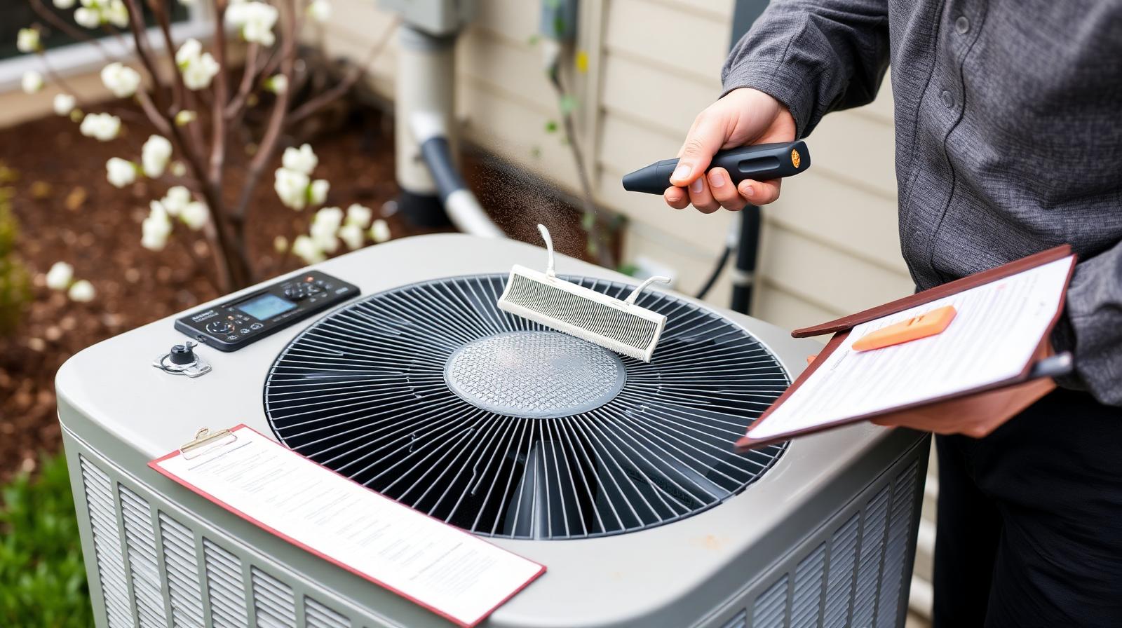 HVAC technician performing a spring AC tune-up on an outdoor condenser unit at a Muncie, IN home
